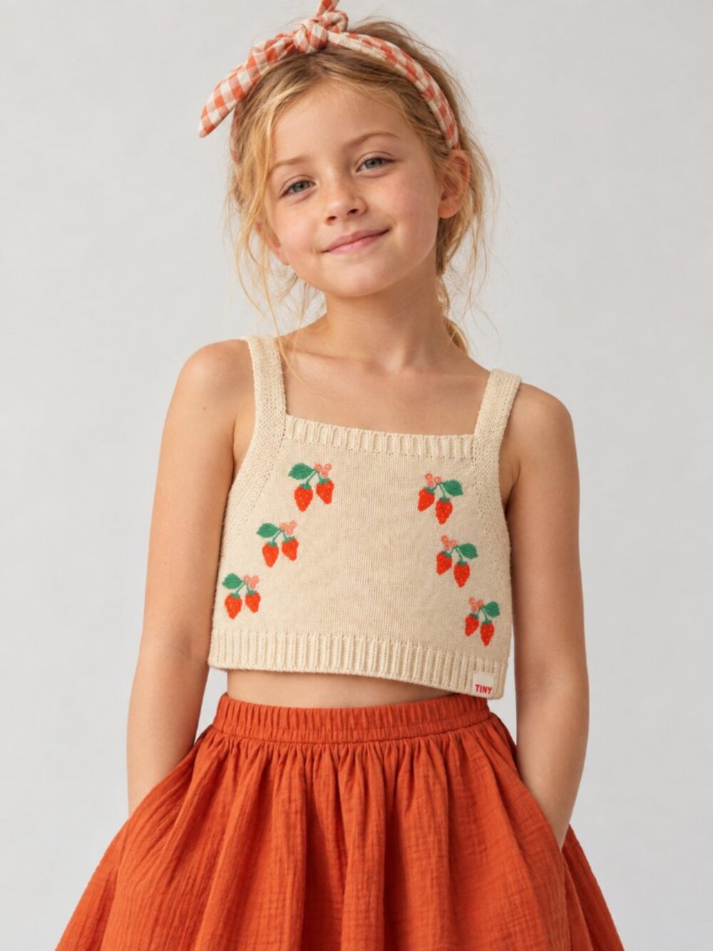 TINYCOTTONS 100% Cotton Strawberries Knitted Crop Top - Light Cream